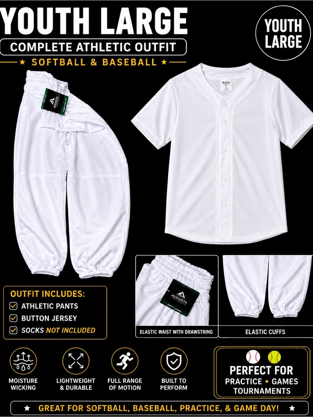 NWT Augusta Sportswear Youth White Baseball/Softball Pants and Jersey Set M/Lrg